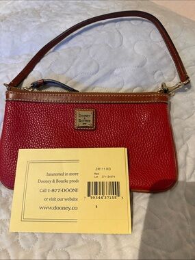 Dooney & Bourke Red Pebbled Leather Wristlet with Brown Trim